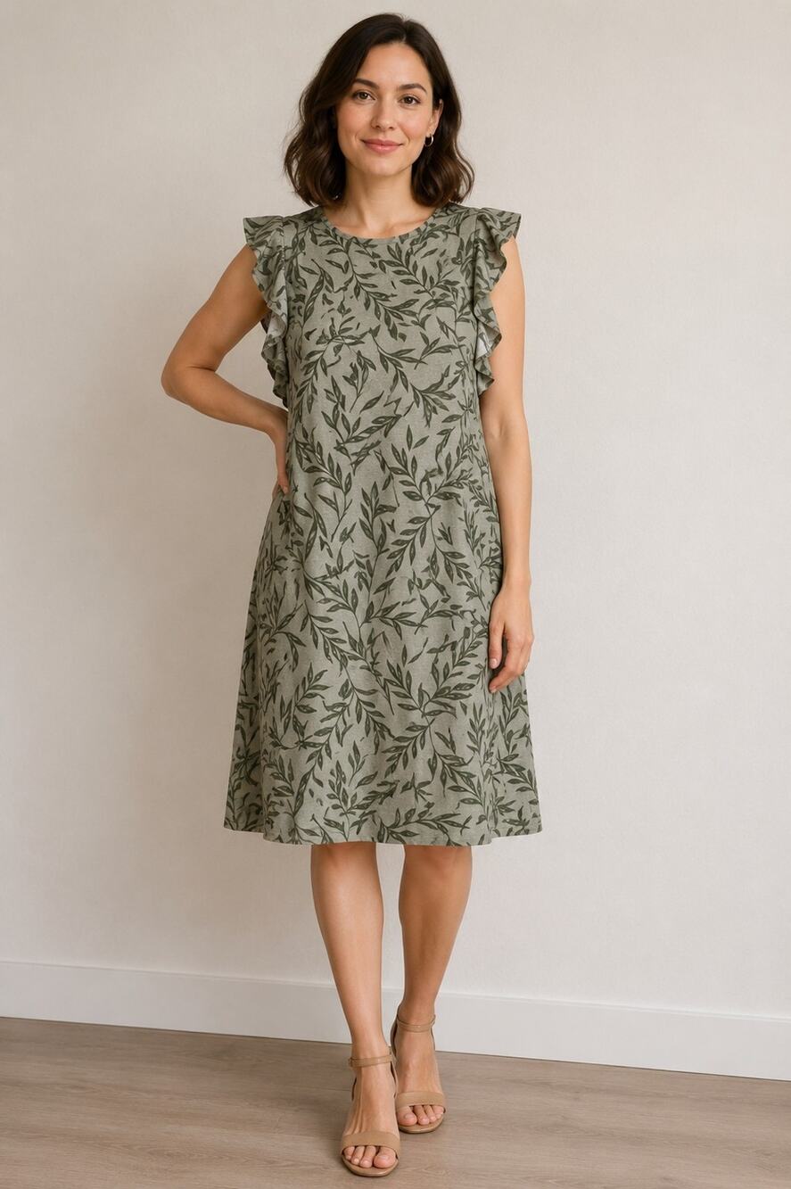 Peace & Pearls XL Knit Shift Dress Knee Length Leaf Beige/Green Ruffle Button